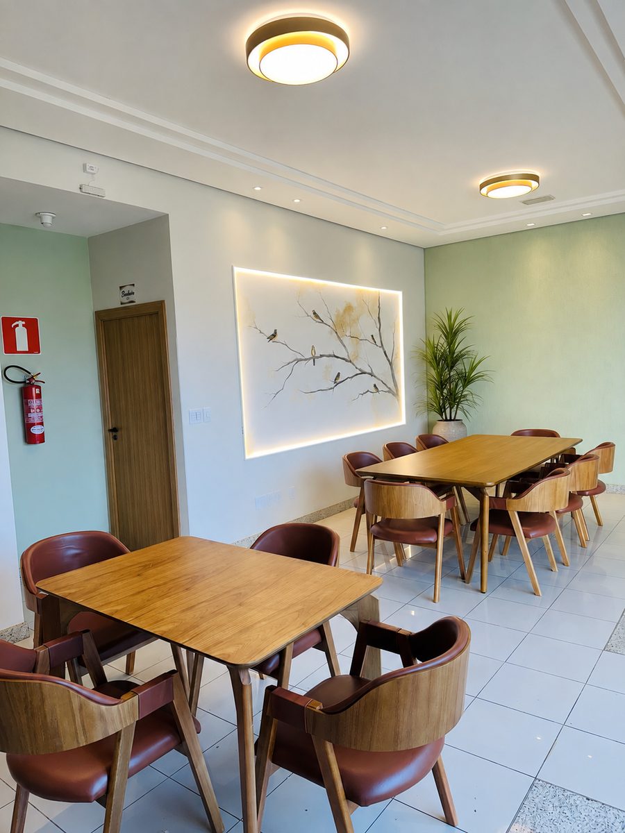 Sala de convivência com mesas e cadeiras de madeira, quadro iluminado de pássaros em um galho e parede em verde claro.