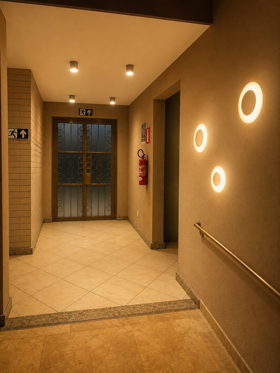 Hall de entrada iluminado, com corrimão de apoio ao longo da parede e sinalização de saída de emergência.