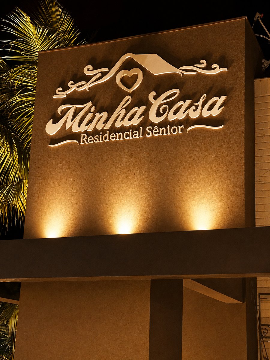 Fachada do Minha Casa Residencial Sênior à noite, com o letreiro em relevo creme iluminado por luz quente sobre a parede marrom.