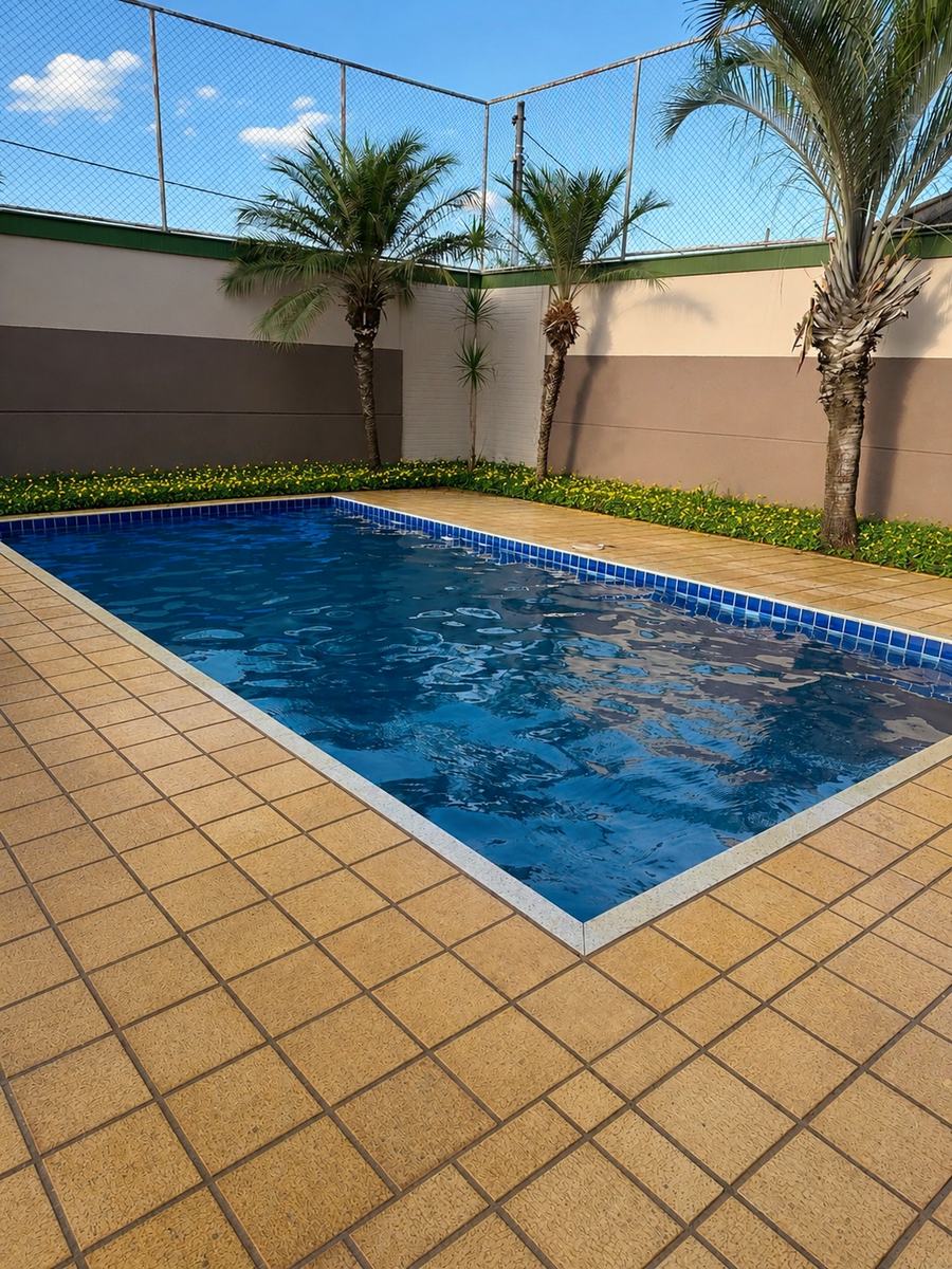 Piscina ao ar livre com borda em pedra, palmeiras ao redor e canteiro florido junto ao muro.